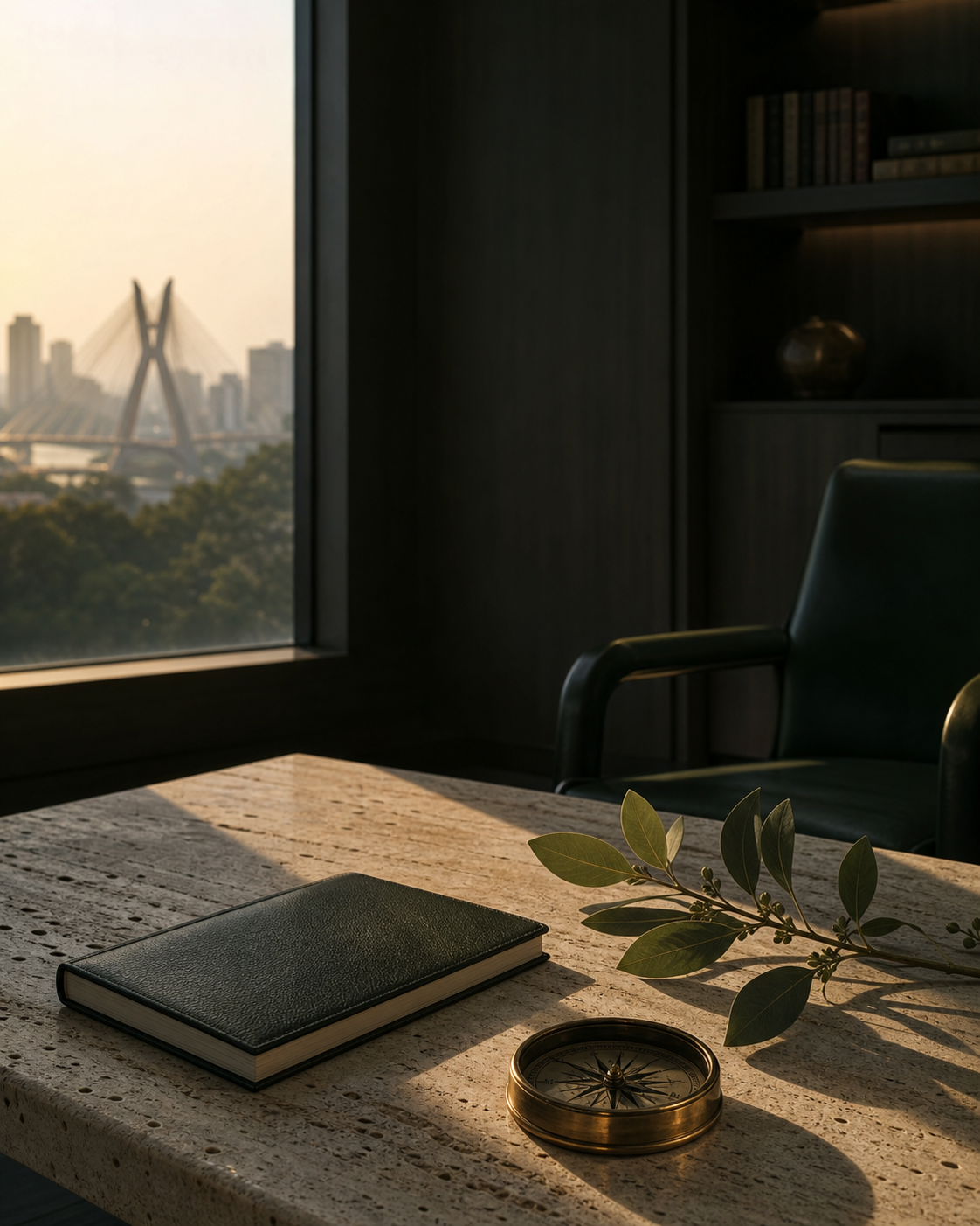 Mesa de trabalho com caderno e bússola diante da cidade de São Paulo